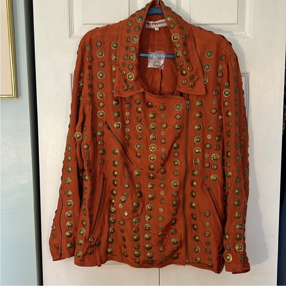 Free People Large Jacket Chelsea Coin Moto Jacket in Bronze zipper pockets - Picture 4 of 8